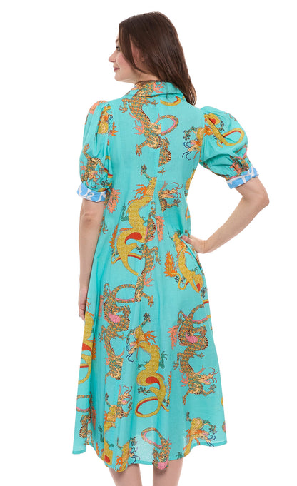 Dizzy-Lizzie Montauk Dress made of linen and cotton with turquoise dragons print, featuring a flowing design and casual style.