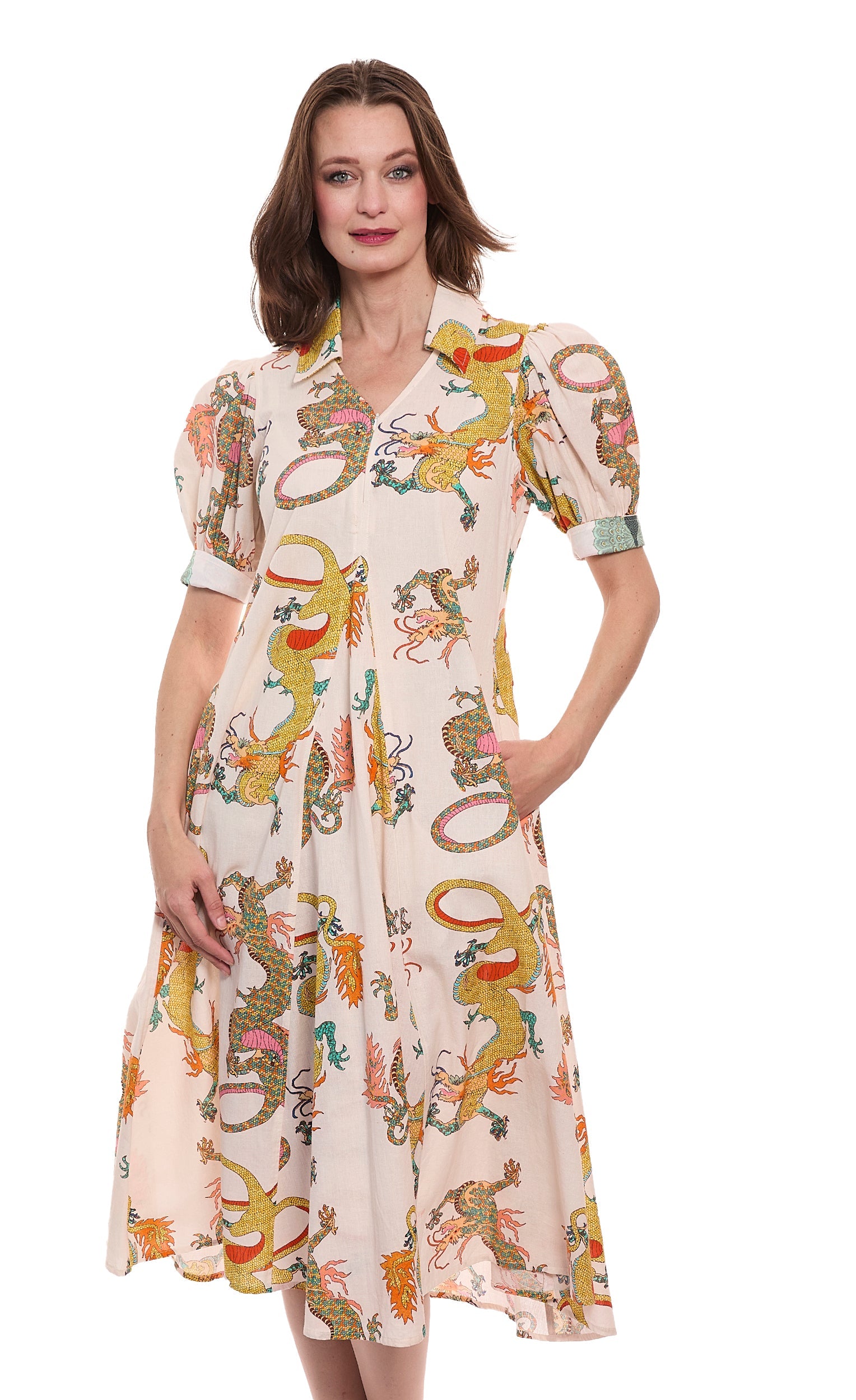 Dizzy-Lizzie Montauk Dress in natural cotton linen with dragon print, featuring a relaxed fit and bohemian style.