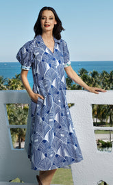 Navy and white geometric pattern Montauk Dress by Dizzy-Lizzie, lightweight sleeveless summer dress with scoop neckline.