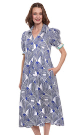 Navy and white geometric print Montauk Dress by Dizzy-Lizzie, casual sleeveless summer dress with a relaxed fit.