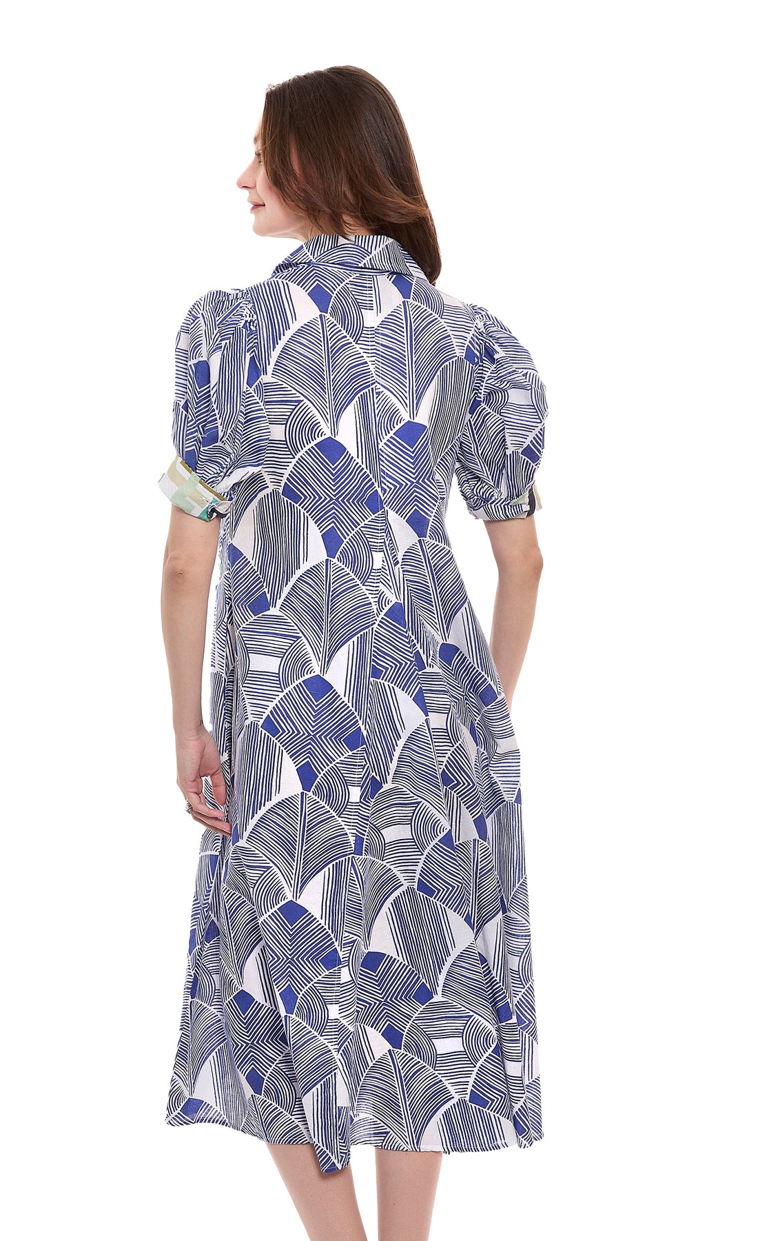Dizzy-Lizzie Montauk Dress in navy and white geo pattern, casual sleeveless dress with a flowy fit and stylish design.