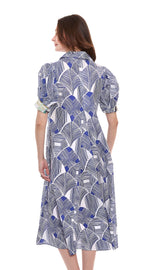 Dizzy-Lizzie Montauk Dress in navy and white geo pattern, casual sleeveless dress with a flowy fit and stylish design.