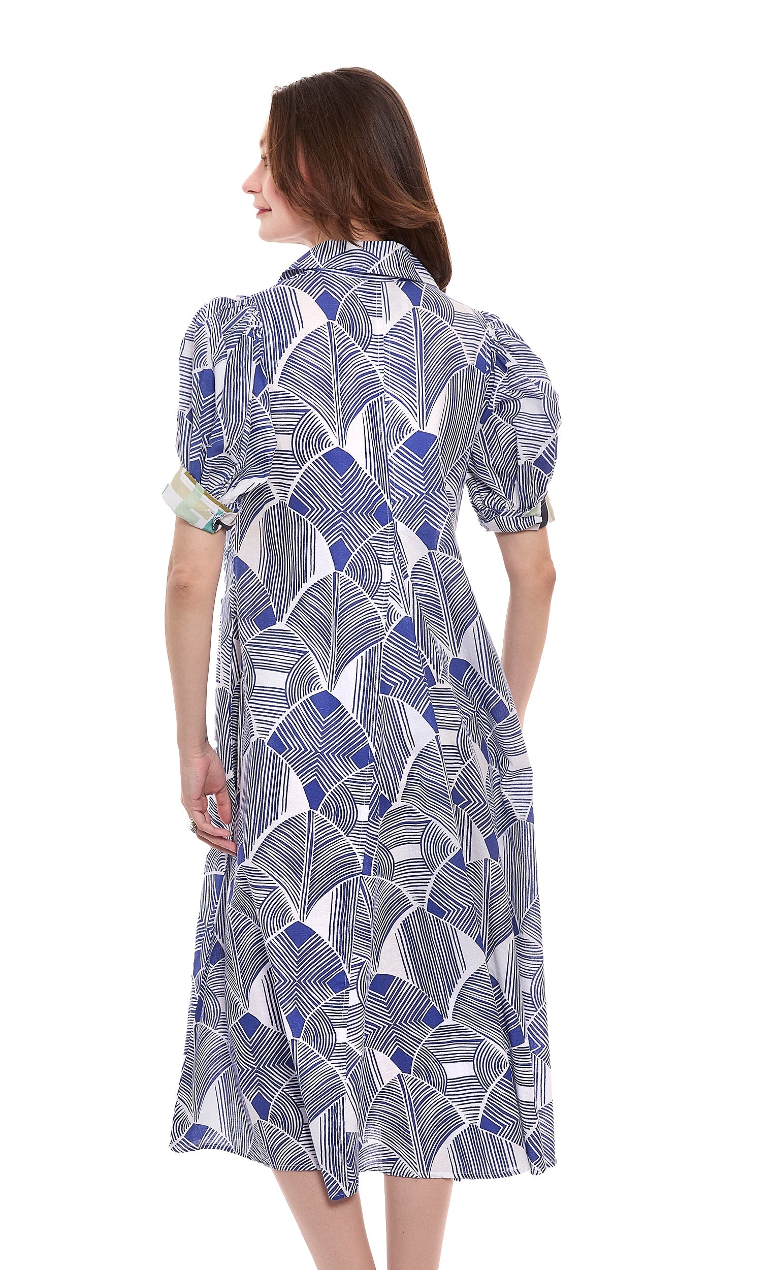 Navy and white geometric print Montauk dress by Dizzy-Lizzie, featuring a flowy design and sleeveless style.