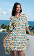 Cotton linen Monterey Dress by Dizzy-Lizzie with a colorful cabana print, sleeveless design, and relaxed fit.