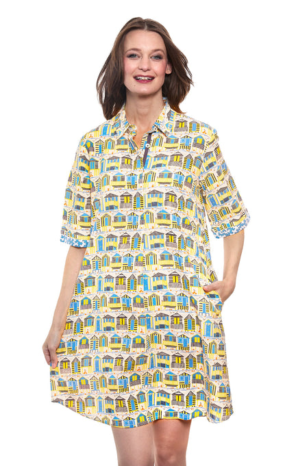 Cotton linen Monterey Dress by Dizzy-Lizzie featuring a colorful cabana print, sleeveless design, and flowing silhouette.