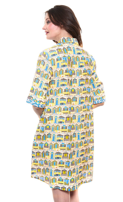 Cotton and linen Monterey Dress by Dizzy-Lizzie featuring a colorful cabana print, perfect for casual summer wear.