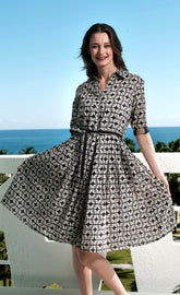 Black and ivory Mrs Maisel dress by Dizzy-Lizzie featuring a geo print cotton voile fabric, stylish and lightweight.