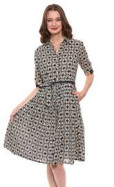 Mrs Maisel black and ivory geometric print cotton voile dress by Dizzy-Lizzie, featuring a stylish and lightweight design.