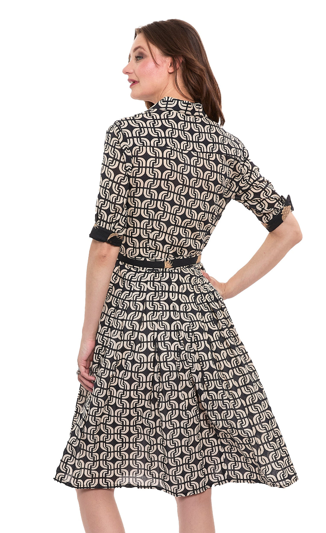 Mrs Maisel dress by Dizzy-Lizzie in black and ivory geo print cotton voile, stylish and lightweight for elegant summer wear.