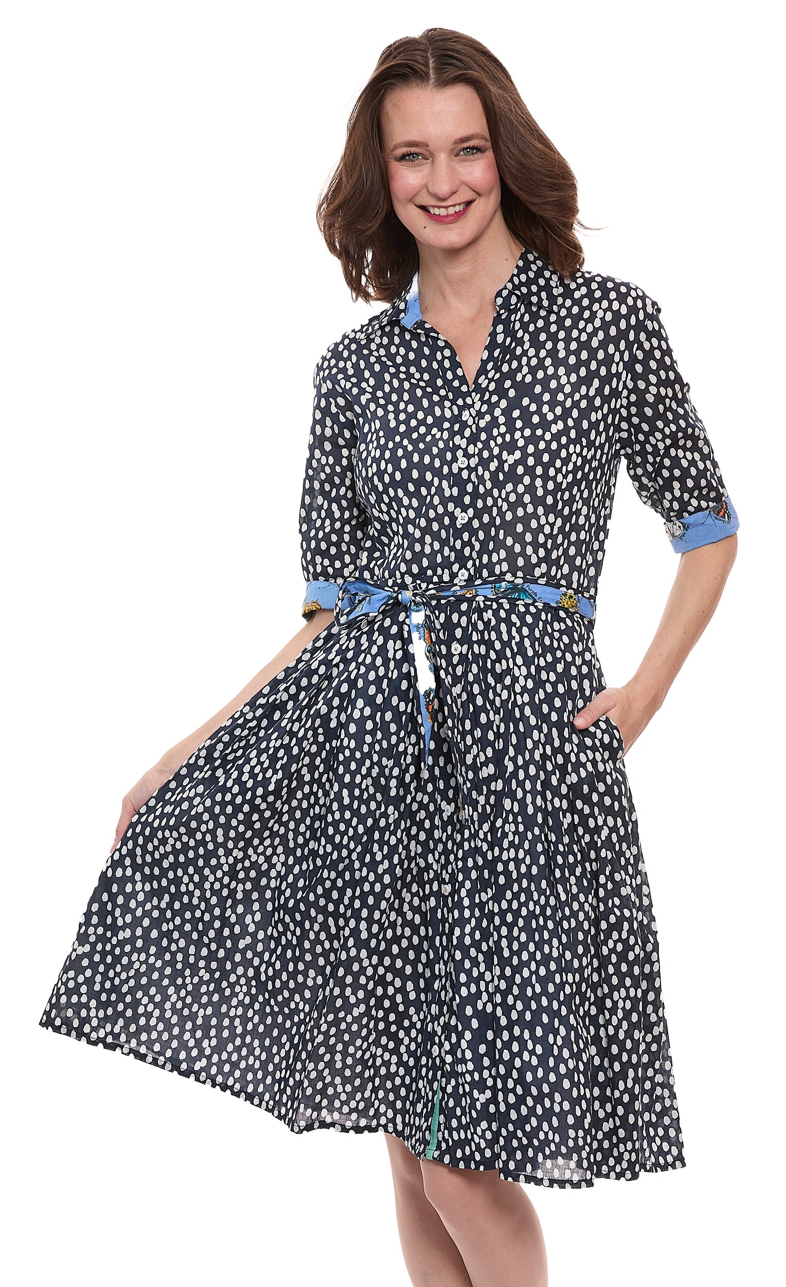 Navy and white polka dot cotton voile dress by Dizzy-Lizzie, featuring a classic Mrs. Maisel-inspired style.