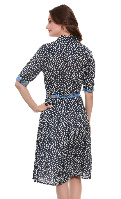 Navy and white polka dot cotton voile dress by Dizzy-Lizzie, featuring a classic, vintage-inspired design from The Marvelous Mrs. Maisel collection.
