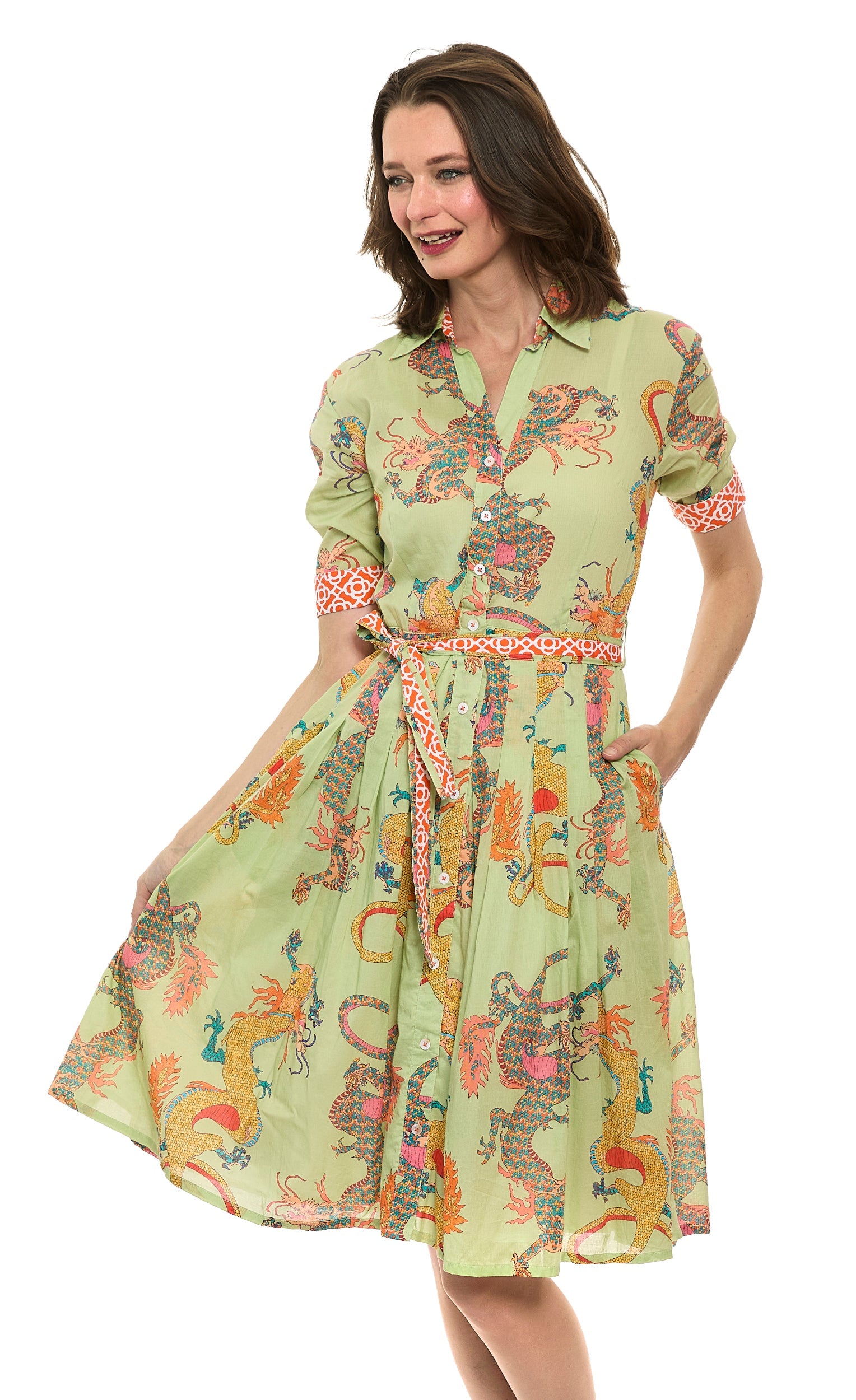 Dizzy-Lizzie Mrs Maisel green dress with dragon print, soft cotton voile, lightweight and stylish for casual wear.