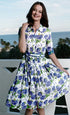 Dizzy-Lizzie Mrs Maisel White Ground Hydrangea Print dress featuring a floral hydrangea pattern on a white background.