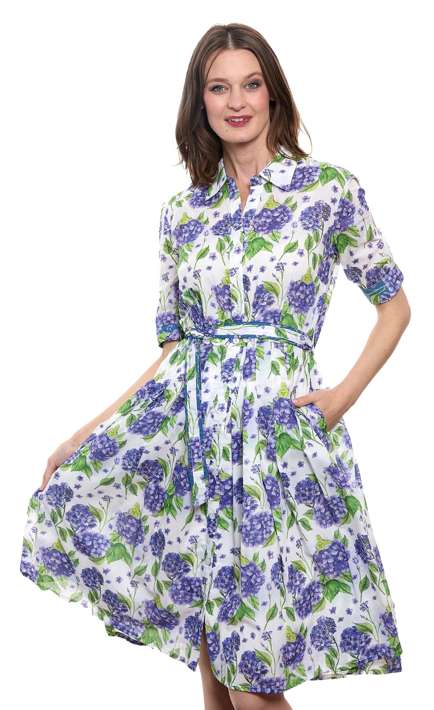 Mrs Maisel White Ground Hydrangea print dress by Dizzy-Lizzie, featuring floral hydrangea pattern on a white background.