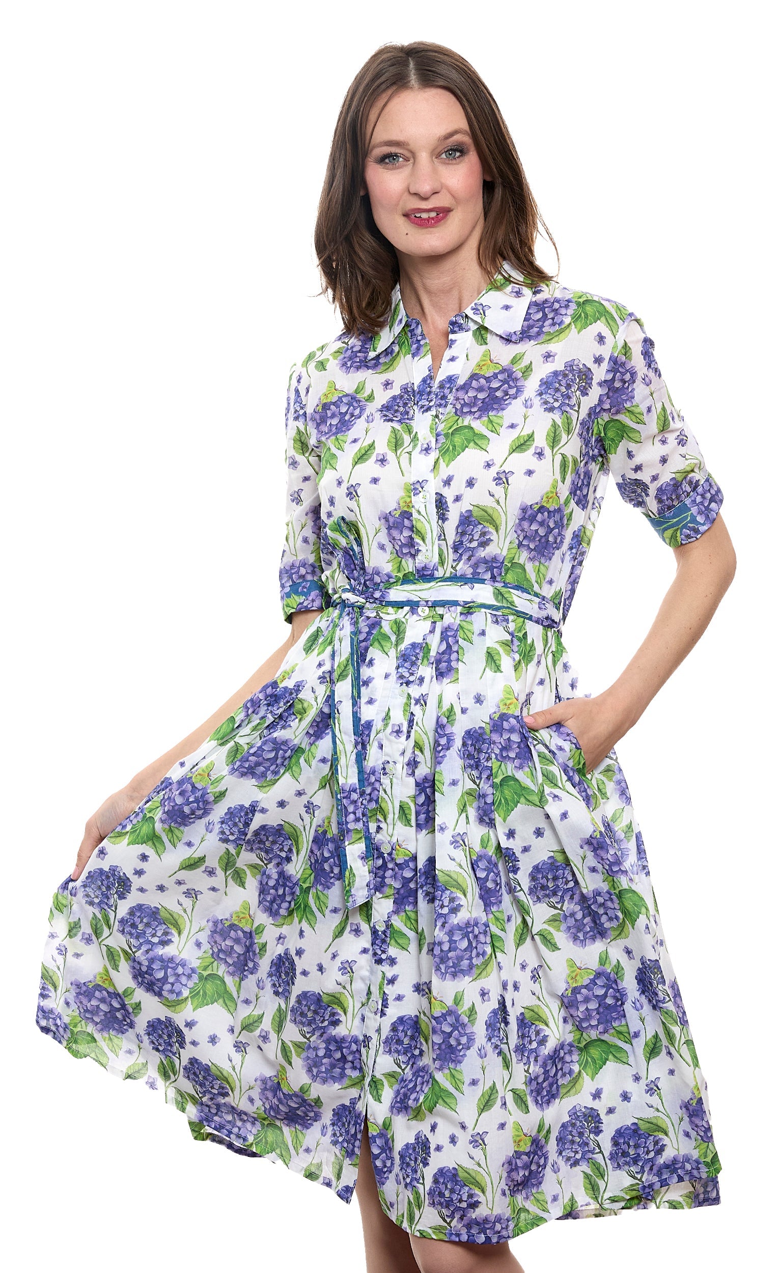 Mrs Maisel White Ground Hydrangea print dress by Dizzy-Lizzie, featuring floral hydrangea pattern on a white background.