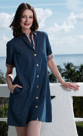 Dizzy-Lizzie Newport Dress in denim with gold buttons, casual sleeveless dress for women, front view.