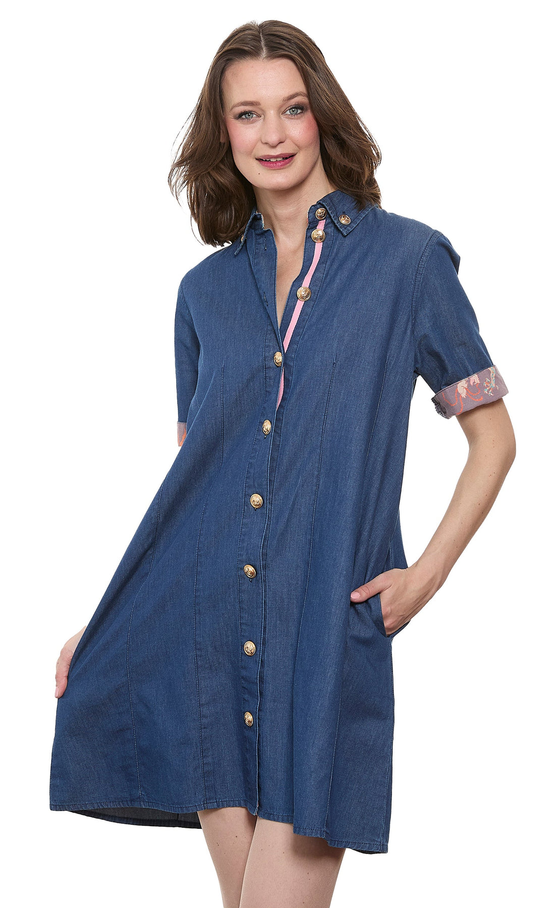 Dizzy-Lizzie Newport Dress in denim with gold buttons, casual sleeveless dress for women, front view showing button details