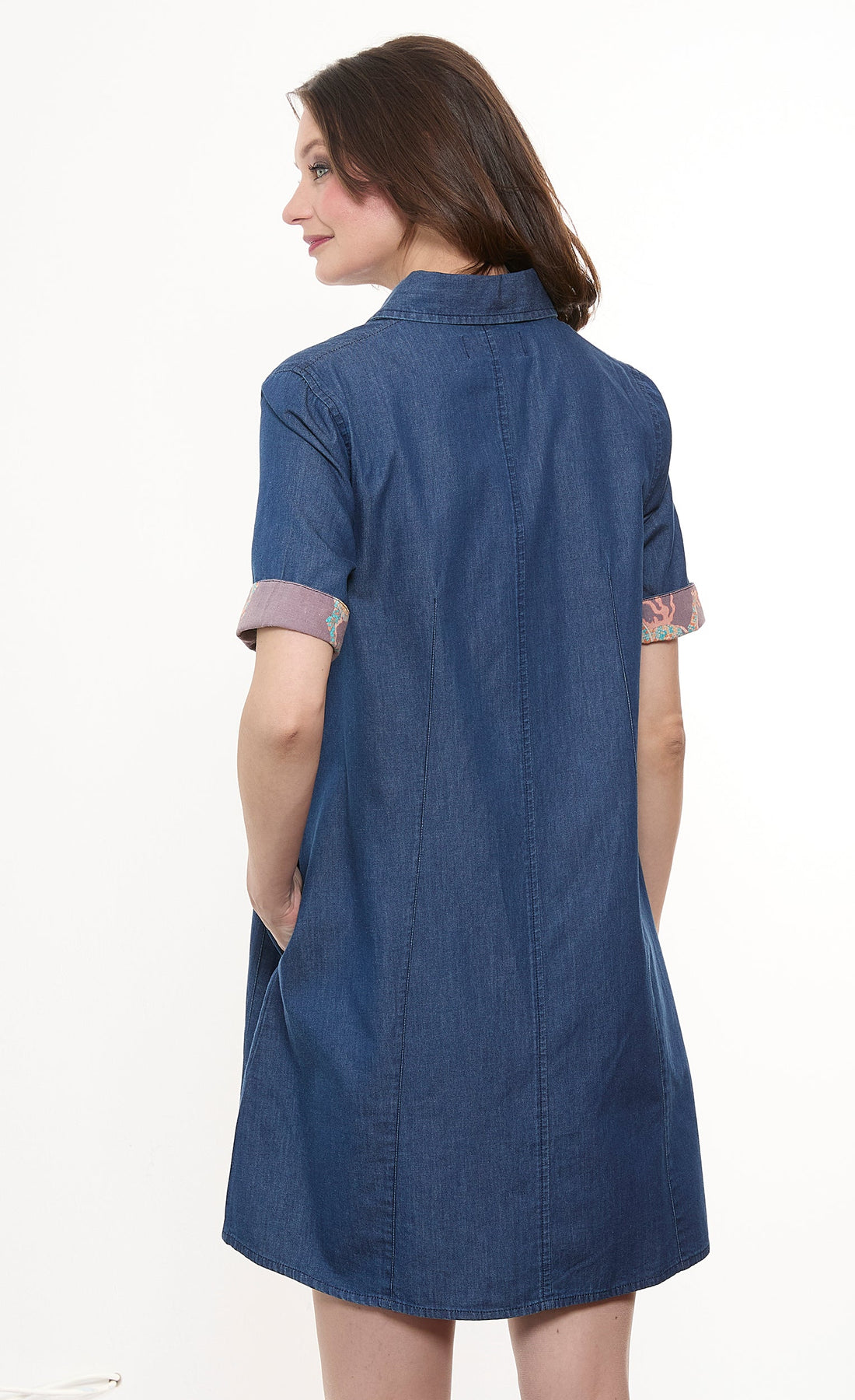 Dizzy-Lizzie Newport Dress in denim with gold buttons, short sleeveless dress, casual style, front view.