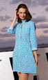 Blue and pink coral print Sag Harbor shirtdress by Dizzy-Lizzie in stretch poplin fabric, shown with collar and button details.