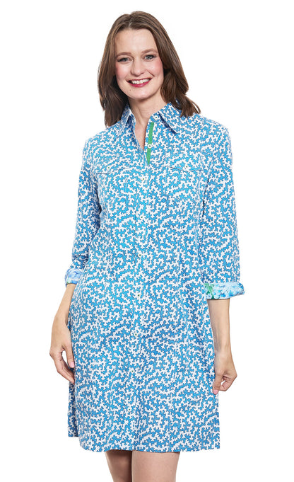 Dizzy-Lizzie Sag Harbor shirtdress in blue and pink coral print with stretch poplin fabric, casual summer dress.