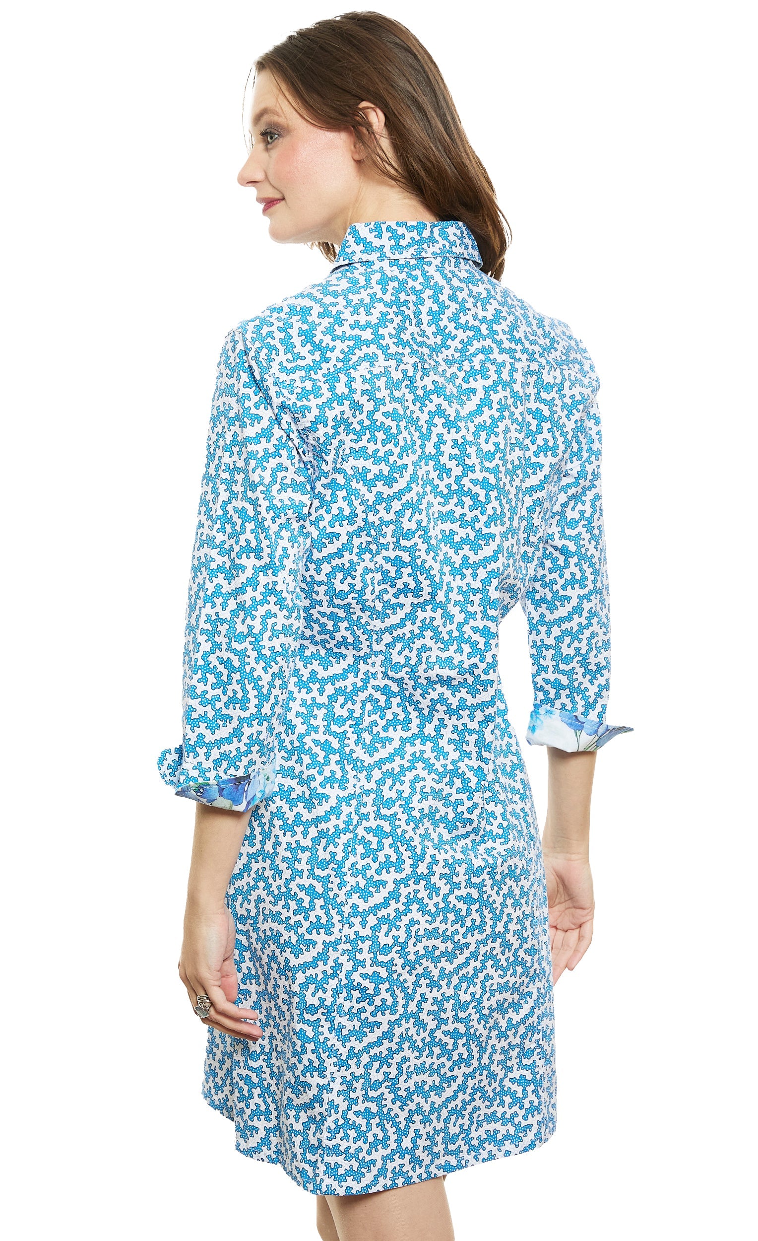 Dizzy-Lizzie Sag Harbor blue and pink coral print stretch poplin shirtdress displayed on a hanger.