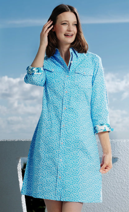 Blue coral print Sag Harbor shirtdress by Dizzy-Lizzie, featuring a relaxed fit and stylish button-up front.