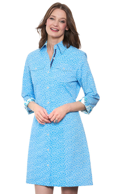 Dizzy-Lizzie Sag Harbor shirtdress in blue coral print, lightweight summer dress with button front and short sleeves.