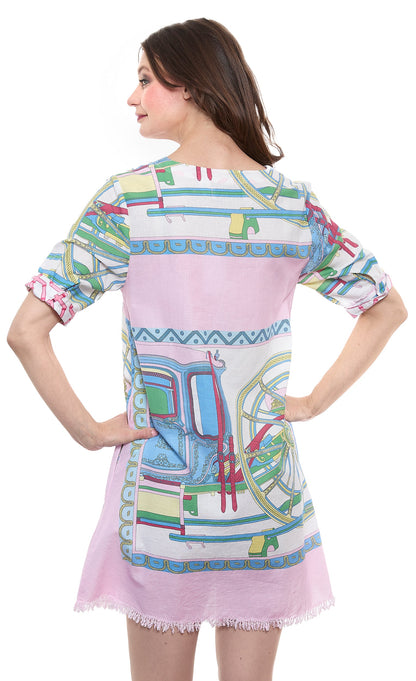 Pink V-neck dress with coach print by Dizzy-Lizzie, showcasing a stylish and vibrant design perfect for casual wear.