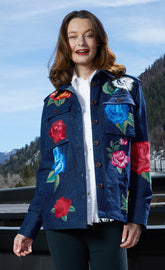 Dizzy-Lizzie embroidered denim jacket, XS size, featuring detailed stitching and classic denim texture.