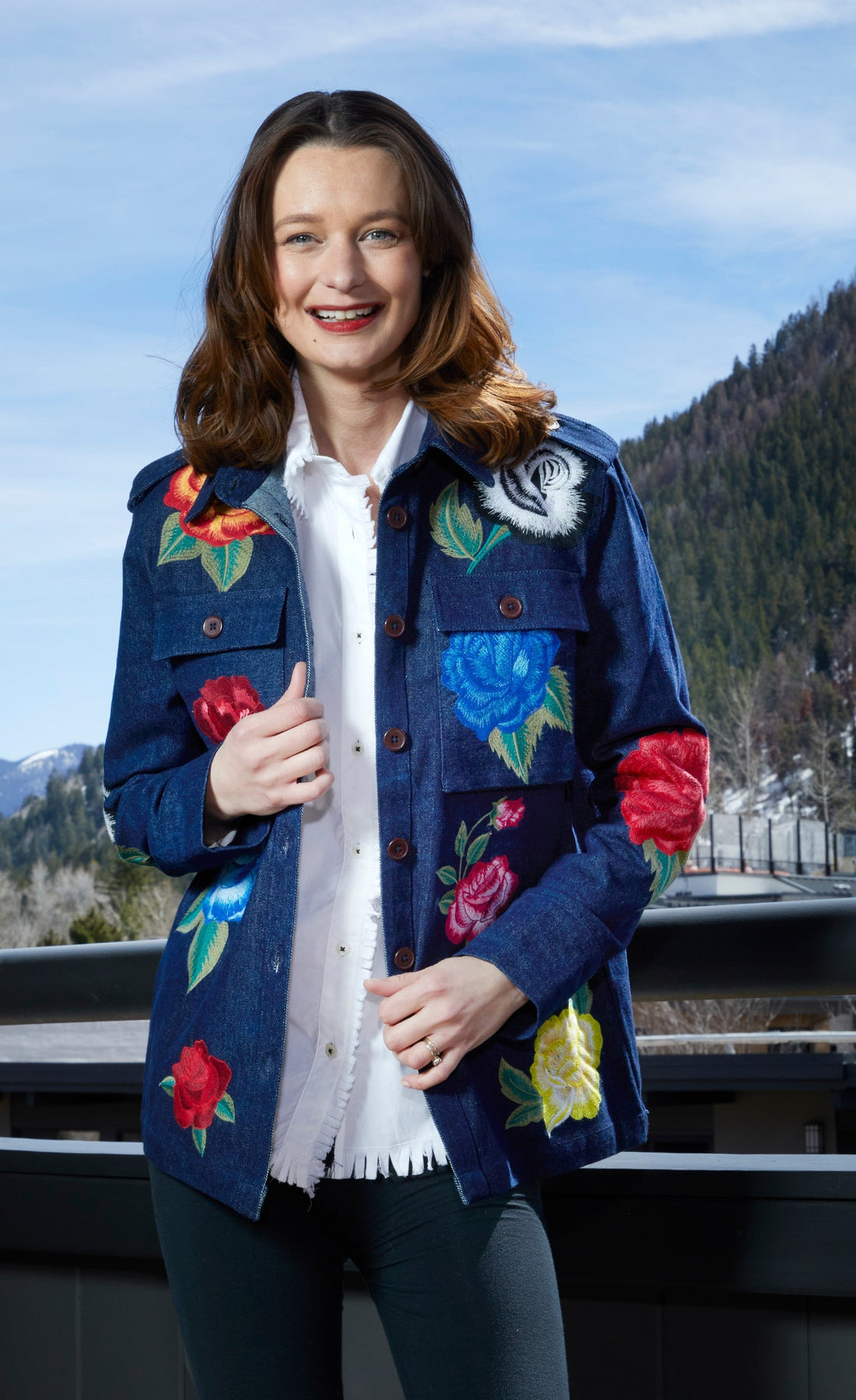 Embroidered denim jacket by Dizzy-Lizzie featuring detailed embroidery, classic denim fabric, and a stylish jacket design.