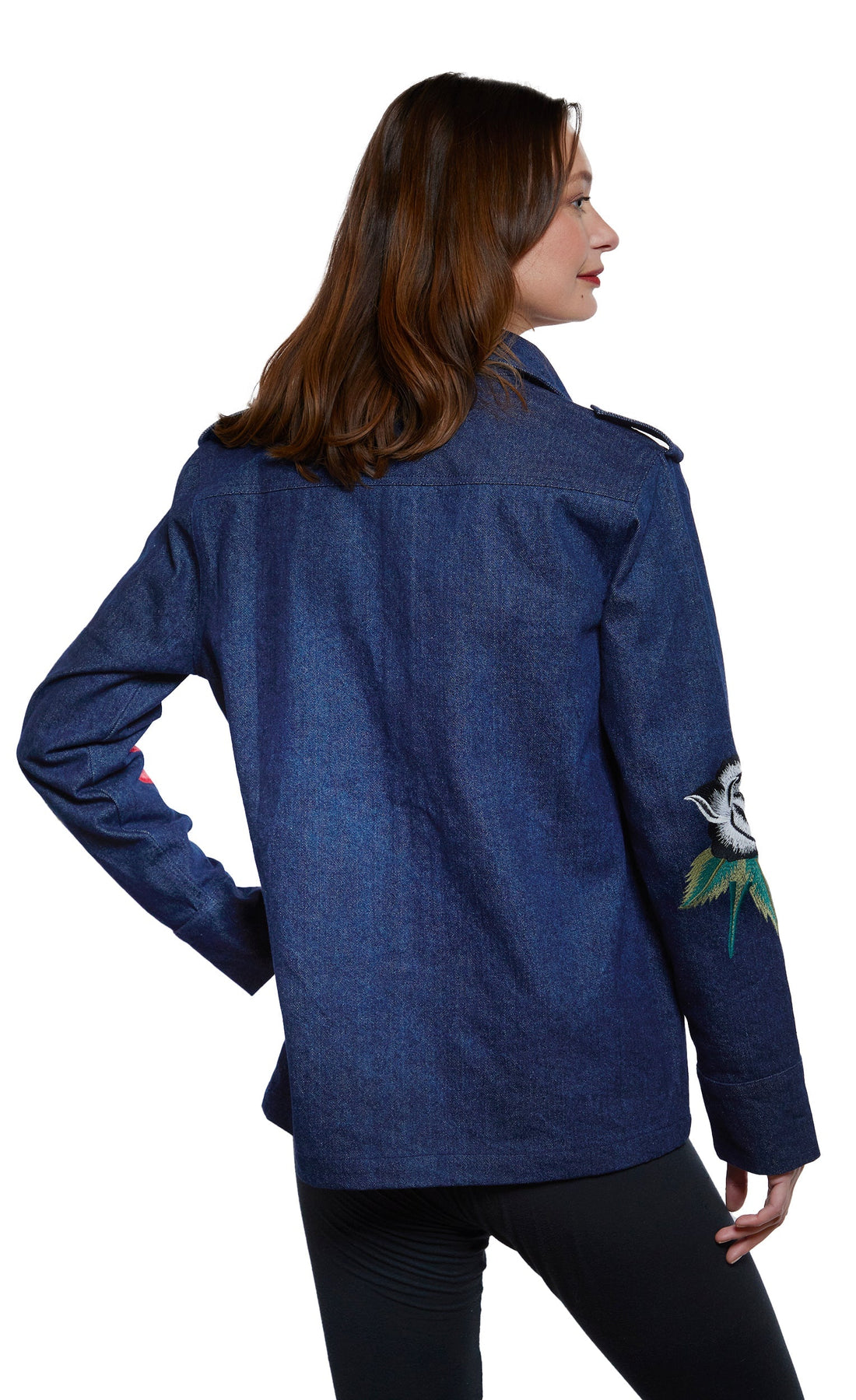 Embroidered denim jacket by Dizzy-Lizzie featuring colorful embroidery, classic jacket design, and button front.