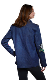 Embroidered denim jacket by Dizzy-Lizzie featuring colorful embroidery, classic jacket design, and button front.