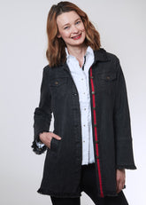 Black Park Slope Denim Jacket by Dizzy-Lizzie, showing a fitted denim jacket with classic stitching and button details.
