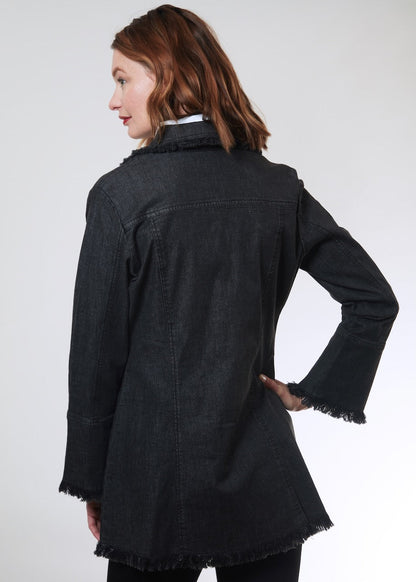 Black Park Slope Denim Jacket by Dizzy-Lizzie, shown on a hanger with visible stitching and classic denim texture.