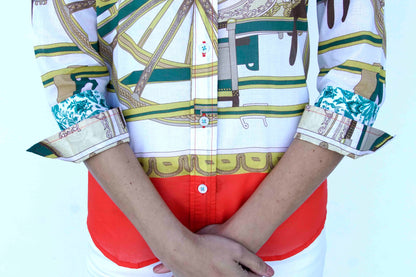 Dizzy-Lizzie 3/4 sleeve shirt with melon and chartreuse wagon wheel print, lightweight casual top for spring and summer styles.