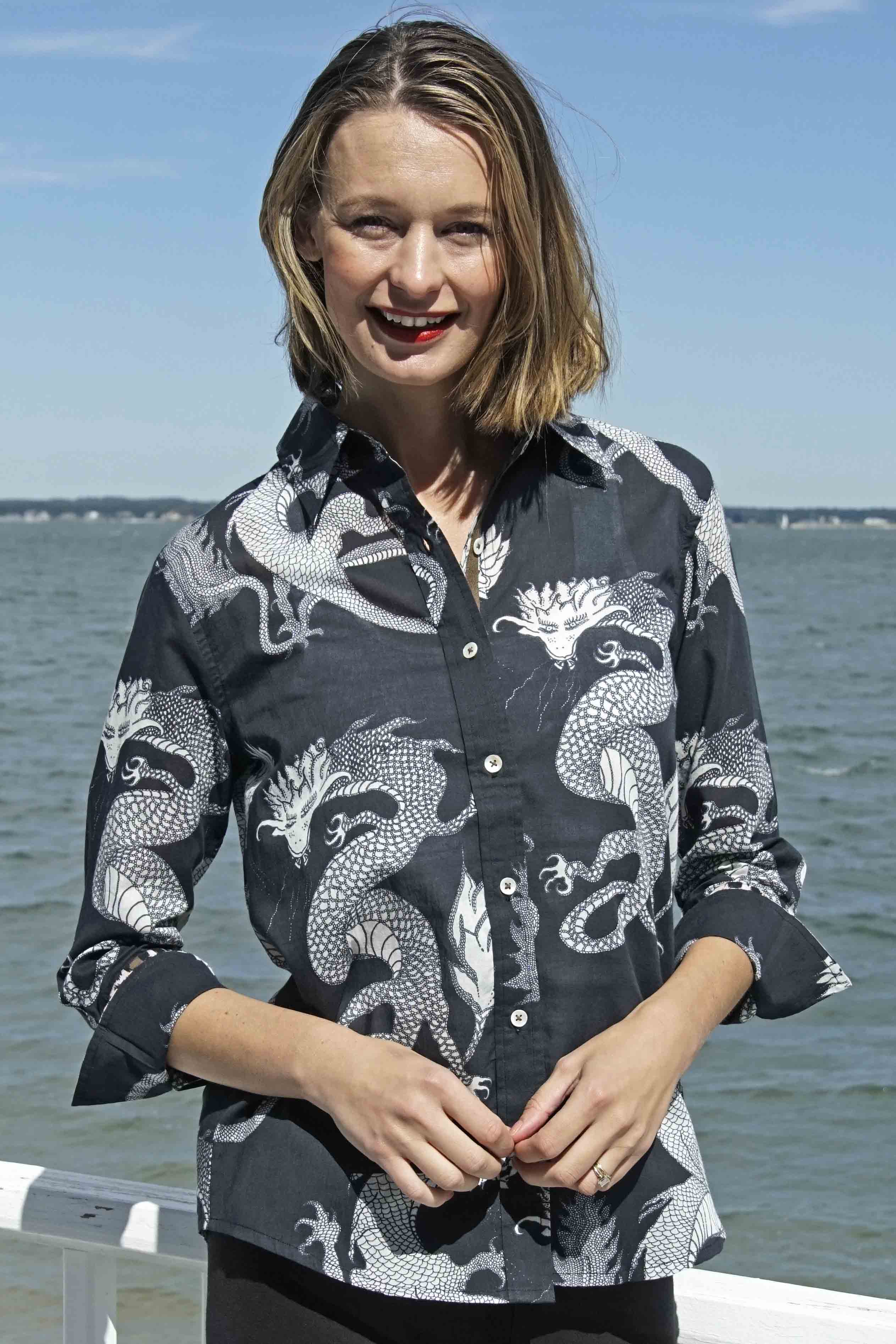 Black and white dragon print 3/4 sleeve Rome shirt by Dizzy-Lizzie, made of lightweight voile fabric.
