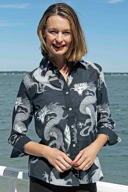 Black and white dragon print 3/4 sleeve Rome shirt by Dizzy-Lizzie, made of lightweight voile fabric.