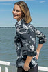 Dizzy-Lizzie 3/4 sleeve Rome shirt with black and white dragon pattern on lightweight voile fabric