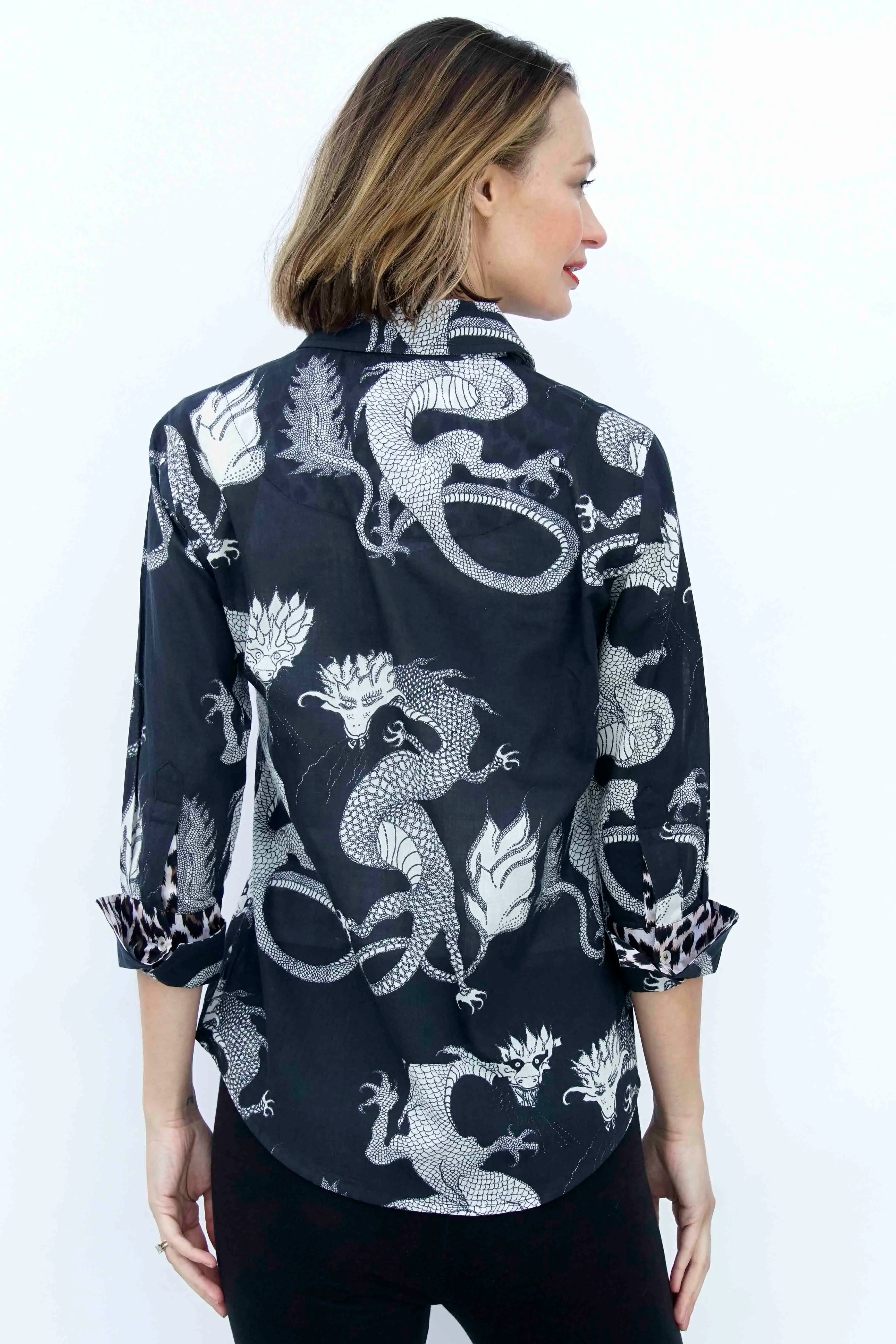 Dizzy-Lizzie 3/4 sleeve Rome shirt featuring black and white dragon designs on lightweight voile fabric.