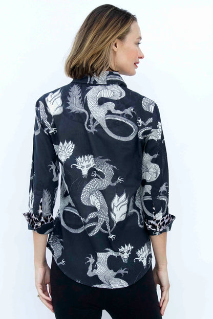 Dizzy-Lizzie 3/4 sleeve Rome shirt featuring black and white dragon designs on lightweight voile fabric.