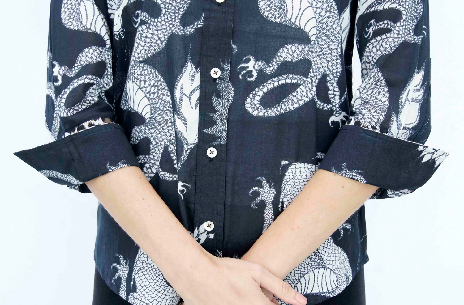 Dizzy-Lizzie 3/4 sleeve Rome shirt featuring black and white dragon print on lightweight voile fabric