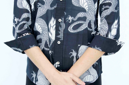 Dizzy-Lizzie 3/4 sleeve Rome shirt featuring black and white dragon print on lightweight voile fabric