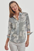 Grey 3/4 sleeve Rome shirt with dragon print by Dizzy-Lizzie, featuring lightweight voile fabric and relaxed fit.