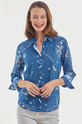 Navy 3/4 sleeve Rome shirt by Dizzy-Lizzie with constellation print, lightweight cotton fabric, casual fit for everyday wear.