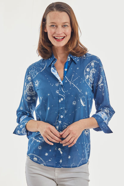 Navy 3/4 sleeve Rome shirt by Dizzy-Lizzie with constellation print, casual fit, and button-up front.