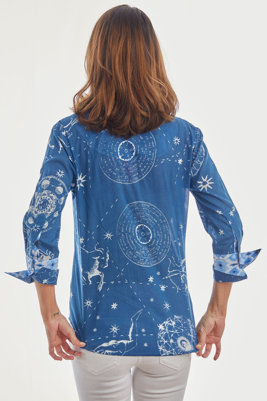 Navy 3/4 sleeve Rome shirt by Dizzy-Lizzie with constellation print, lightweight casual shirt for women.
