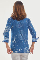 Navy 3/4 sleeve Rome shirt by Dizzy-Lizzie with constellation print, lightweight casual shirt for women.
