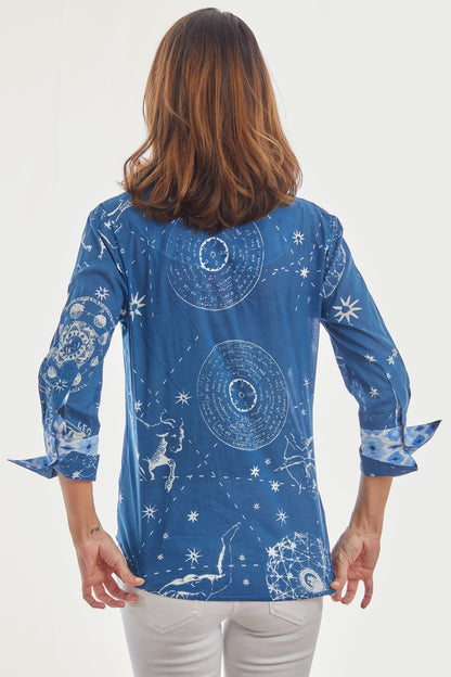 Navy 3/4 sleeve Rome shirt by Dizzy-Lizzie with constellation print, lightweight and casual for everyday wear.