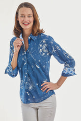 Navy 3/4 sleeve Rome shirt by Dizzy-Lizzie with constellation print, lightweight fabric, and casual fit.