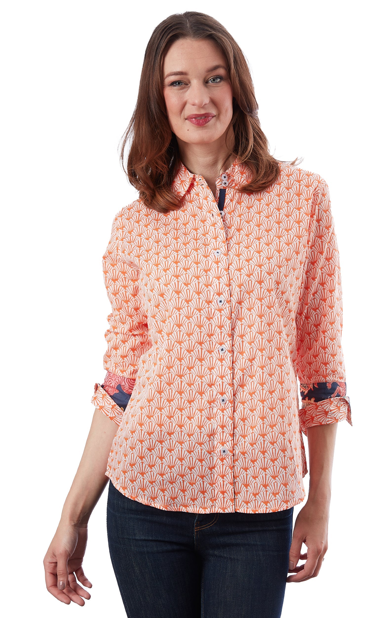 Orange and white fan print 3/4 sleeve Rome shirt by Dizzy-Lizzie, featuring a stylish and comfortable design.